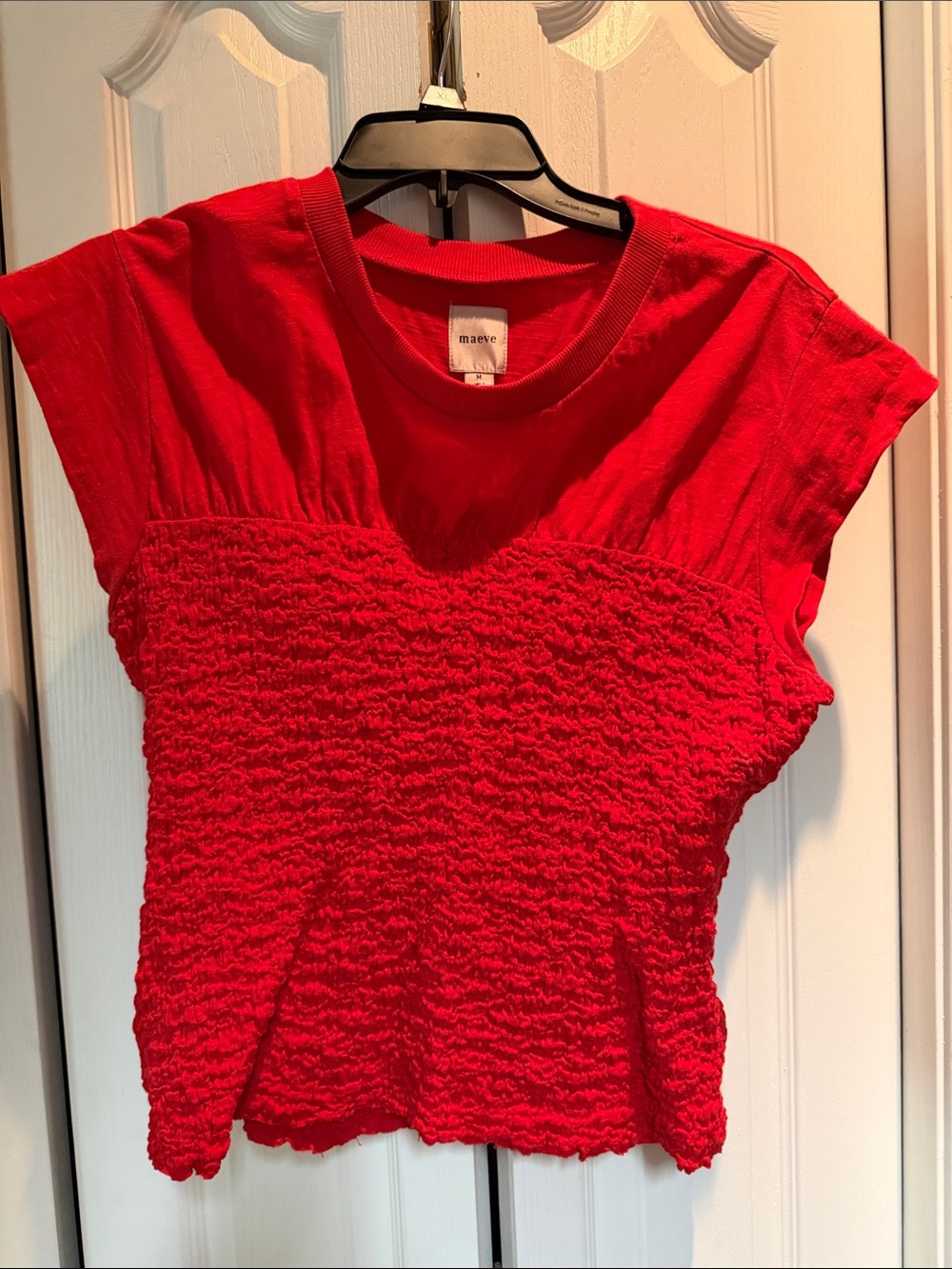 Maeve Bright Red Short Sleeve Smocked Crop Top